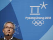 Matthieu Reeb, CAS Secretary General, speaks during a press conference about Russian athletes who are challenging the decisions taken by the Disciplinary Commission of the International Olympic Committee ahead of the 2018 Winter Olympics in Pyeongchang, South Korea, on Thursday.