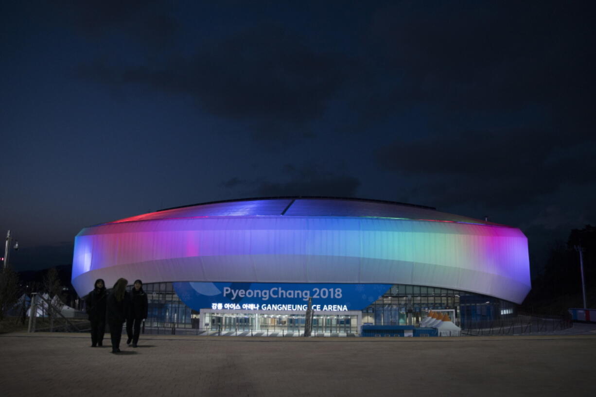 The Gangneung Ice Arena is illuminated at night during a Men’s Short Track Speed Skating training session ahead of the 2018 Winter Olympics in Gangneung, South Korea, on Friday.