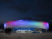 The Gangneung Ice Arena is illuminated at night during a Men’s Short Track Speed Skating training session ahead of the 2018 Winter Olympics in Gangneung, South Korea, on Friday.