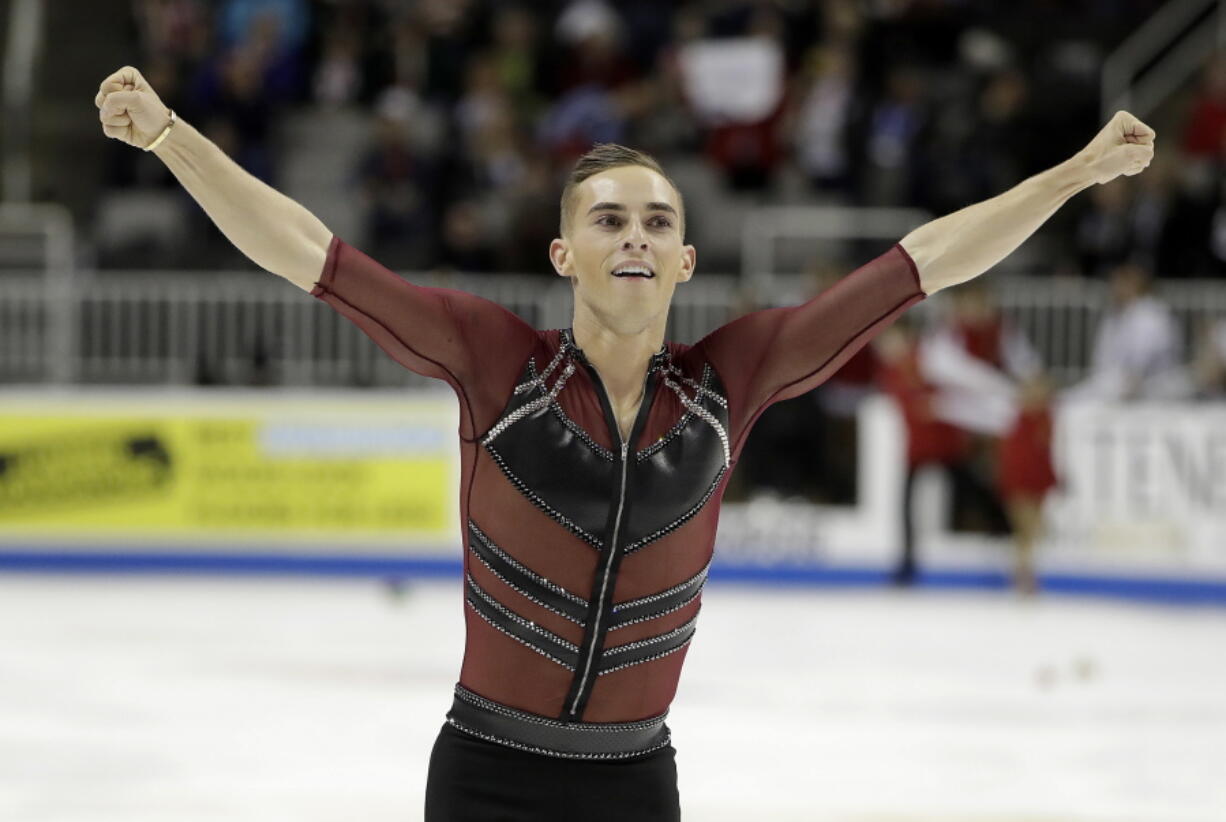 Adam Rippon performs during the men’s short program at the U.S. Figure Skating Championships in San Jose, Calif.