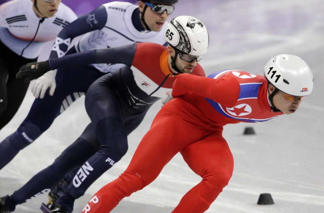 Un Song Choe of North Korea in action during the men’s 1500 meters in the Gangneung Ice Arena at the 2018 Winter Olympics in Gangneung, South Korea, on Saturday. (AP Photo/David J.