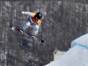 Jamie Anderson makes a jumps during the women’s slopestyle final on her way to a gold medal at Phoenix Snow Park in Pyeongchang, South Korea.