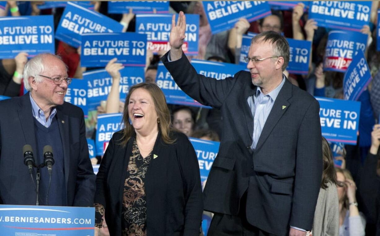 Democratic presidential candidate Sen. Bernie Sanders, I-Vt., his wife Jane Sanders, and his son Levi Sanders arrive at a primary night rally in Essex Junction, Vt. Levi Sanders is joining seven fellow New Hampshire Democrats and three Republicans running for the 1st Congressional District seat in 2018. Democratic Rep.