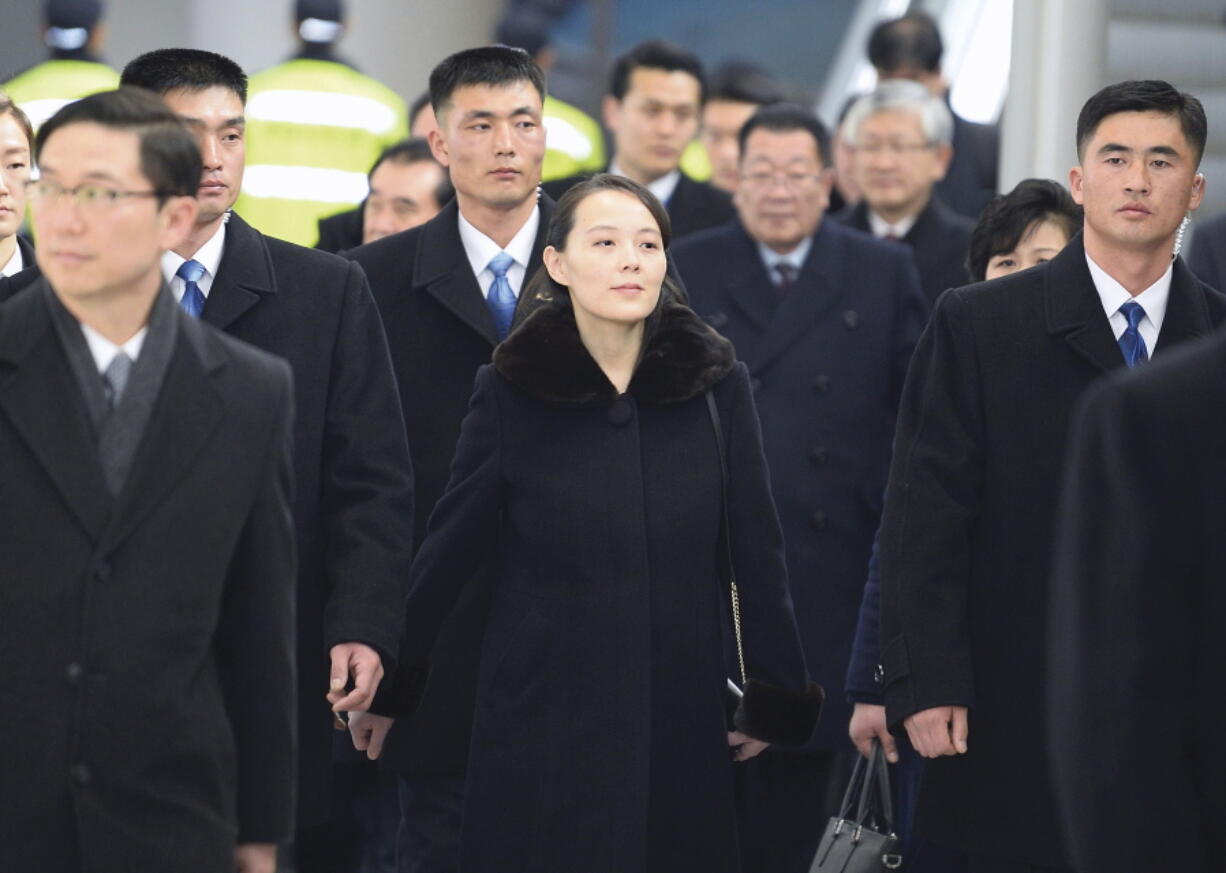 Kim Yo Jong, center, sister of North Korean leader Kim Jong Un, arrives at the Incheon International Airport in Incheon, South Korea, Friday, Feb. 9, 2018.