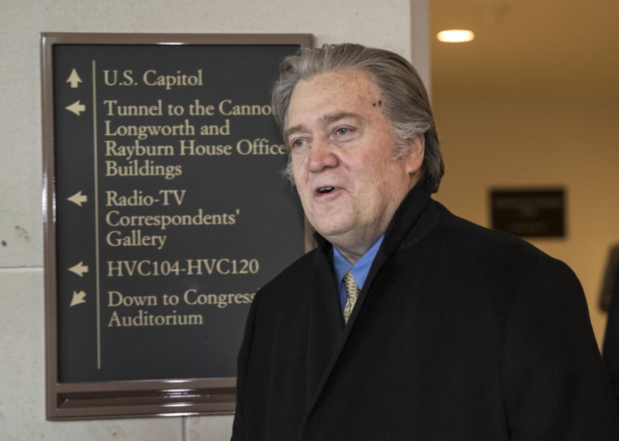 Steve Bannon, President Donald Trump’s former chief strategist, arrives Thursday for questioning by the House Intelligence Committee as part of its ongoing investigation into meddling in the U.S. elections by Russia, at the Capitol in Washington. (AP Photo/J.