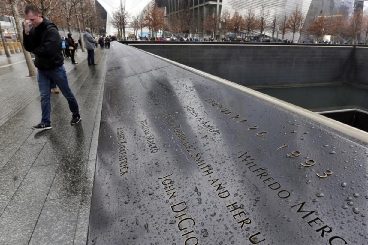 The names of the six people who died in the Feb. 26, 1993, truck bomb attack at the World Trade Center are inscribed in the bronze border of the north reflecting pool of the National September 11 Memorial, in New York, on Friday. It was a terror attack that foreshadowed Sept. 11: the deadly World Trade Center bombing that happened 25 years ago Monday.