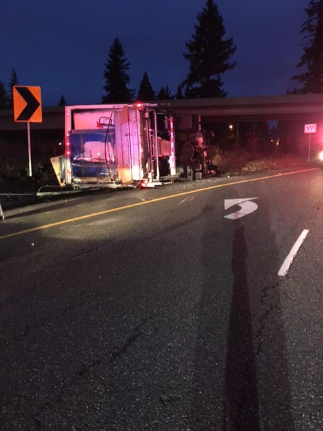 A Washington State Patrol Trooper tweeted this photo of a moving truck that crashed Thursday morning on the 112th Street exit of northbound Interstate 205. The trooper said the truck was going too fast.