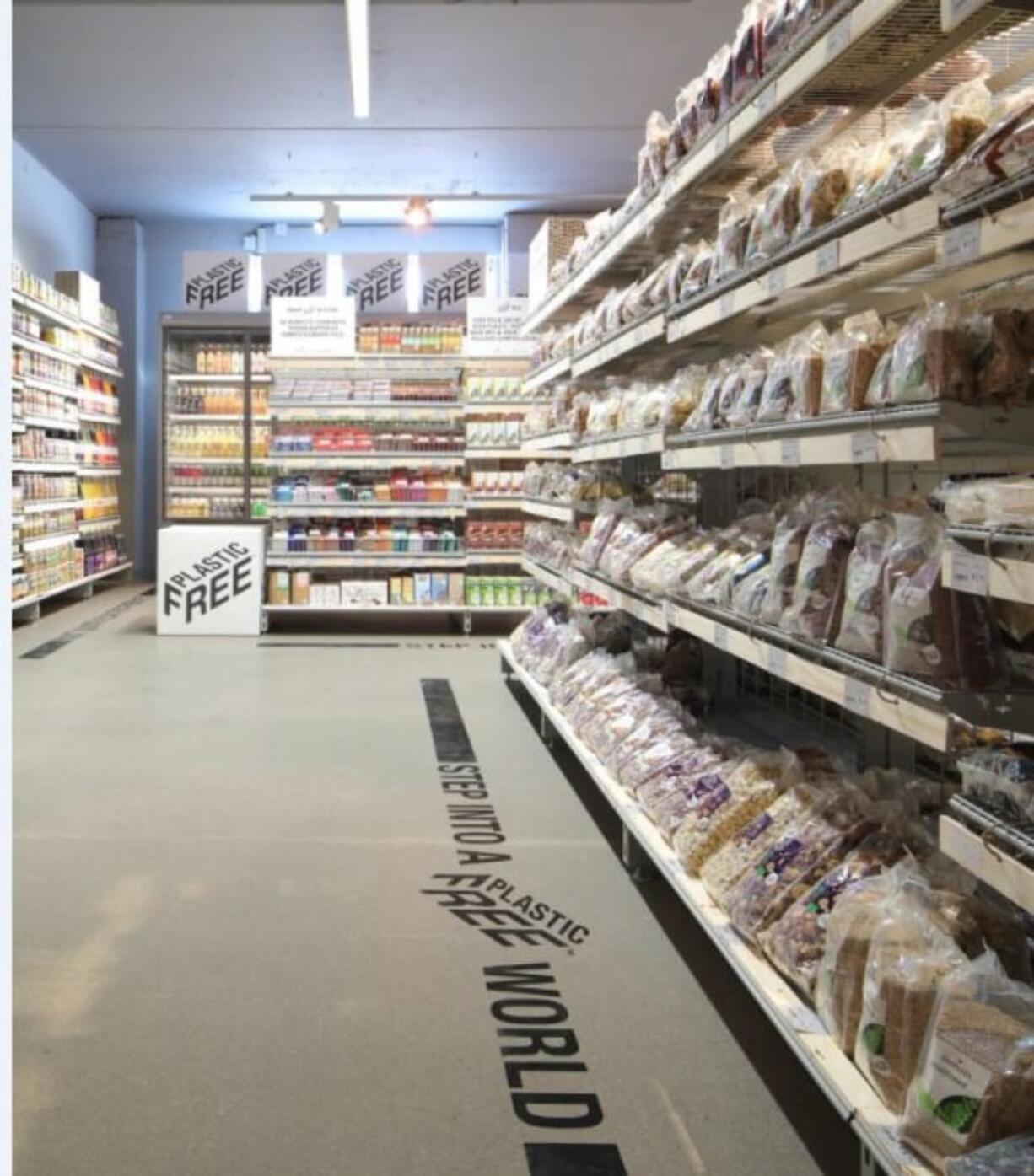 A plastic-free aisle at Ekoplaza supermarket in Amsterdam. While some of the packaging may look plastic, it’s actually a biofilm made of trees and plants that will break down within 12 weeks in a home composter.