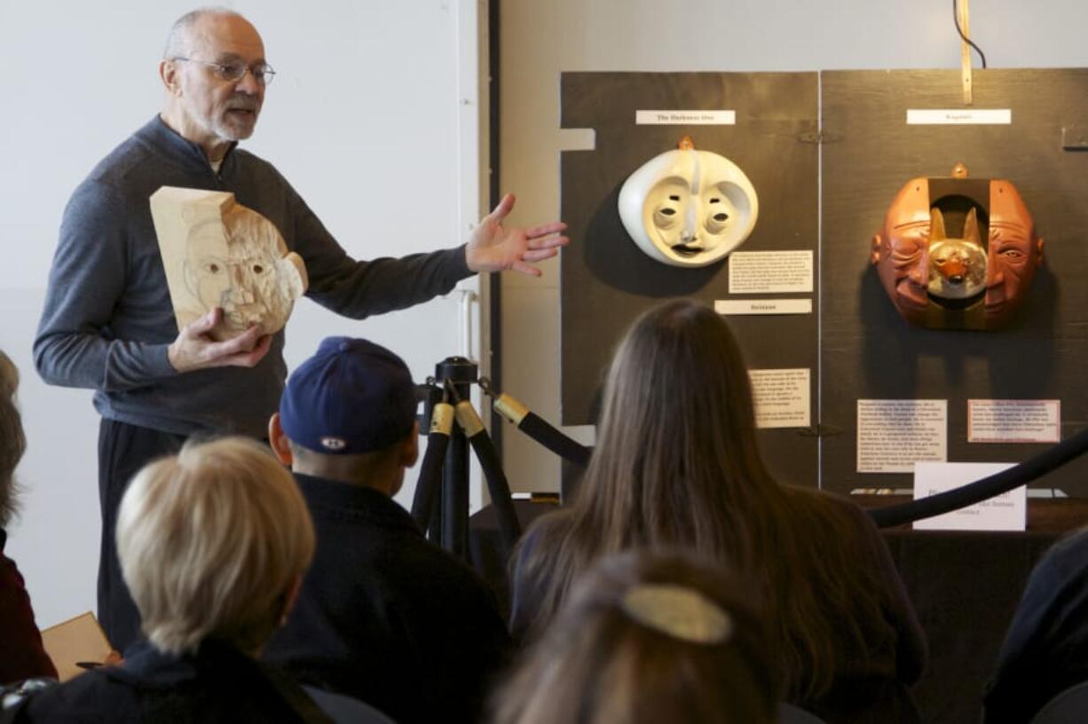 Artist Bill Rutherford talks about creating tribally inspired masks during a 2015 workshop at Pearson Air Museum in Vancouver. He will speak Saturday at the Fort Vancouver Visitor Center, where nine of his masks are on display.