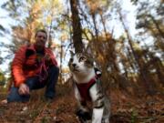 Steve Swartz walks his cat Buddy on a leash as he trains him to hike in the woods on Feb. 27 at the Apollo Park in Brogue, Pa. Jose F.