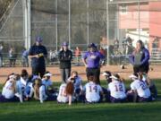 Columbia River softball coach Carrie Kosderka-Farrell talks with her team after Monday’s 7-4 victory over Mountain View at VGSA.