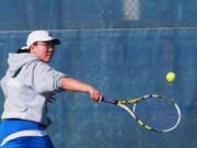 Mountain View junior Juwoon Kim returns a shot against Skyview’s Marissa Hunter in the No. 1 singles match on Tuesday, March 20, 2018 at Skyview High School. Kim won 6-0, 6-2.