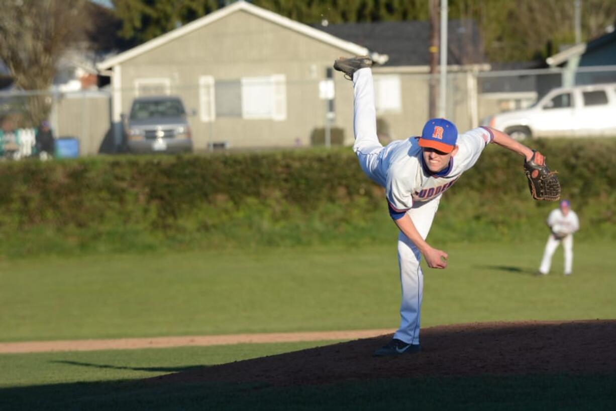 Ridgefield pitcher Tim Radosevich follows through on a pitch during the Spudders’ 9-0 win over Hudson’s Bay on Tuesday at View Ridge Middle School in Ridgefield.