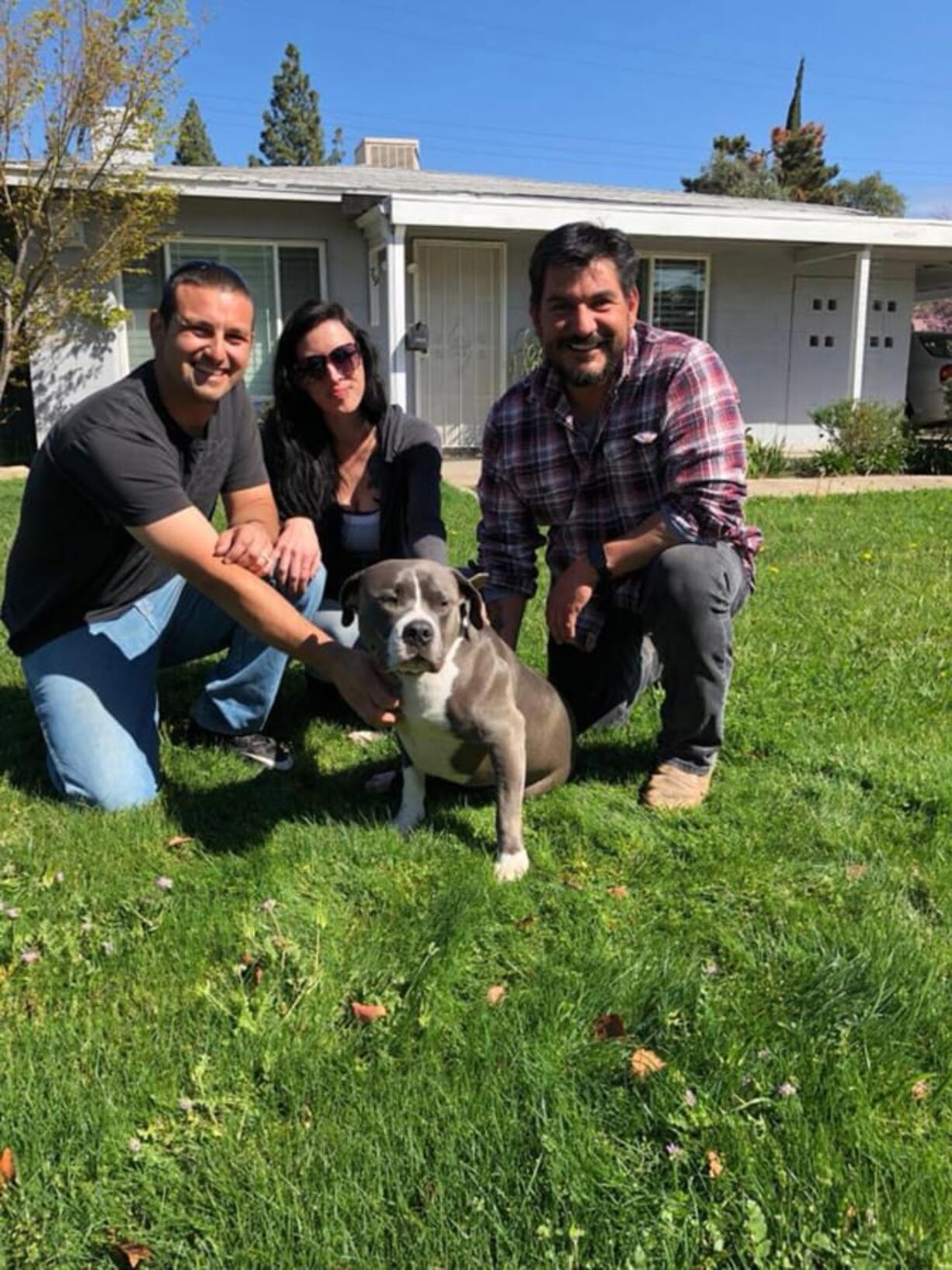 Steve the pit bull was reunited with his Fresno family March 23 after going missing for nearly a week. A Fresno couple, Chris and Justy Garcia, returned Steve to Nicholas Dodson, right.