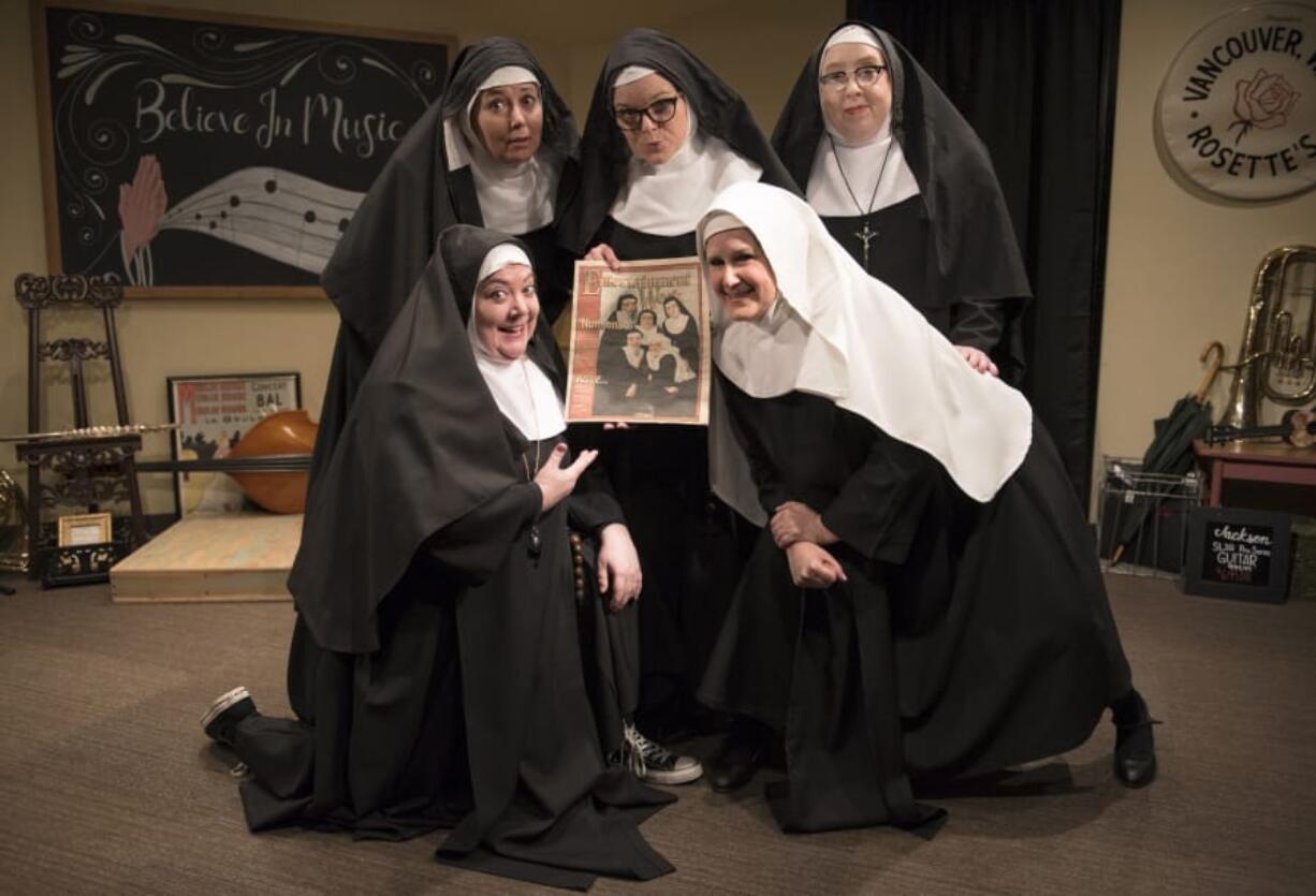 The cast of the musical comedy “Nunsense” shows off their star turn in The Columbian’s entertainment section for Nov. 19, 1993, when three of these five first appeared in the show. Upstairs in the Beacock Music Recital Hall are, clockwise from top left: Carla Kendall-Bray, Laurie Campbell-Leslie, Corrie Graham, Gayle Beacock and Kimberly Dewey.