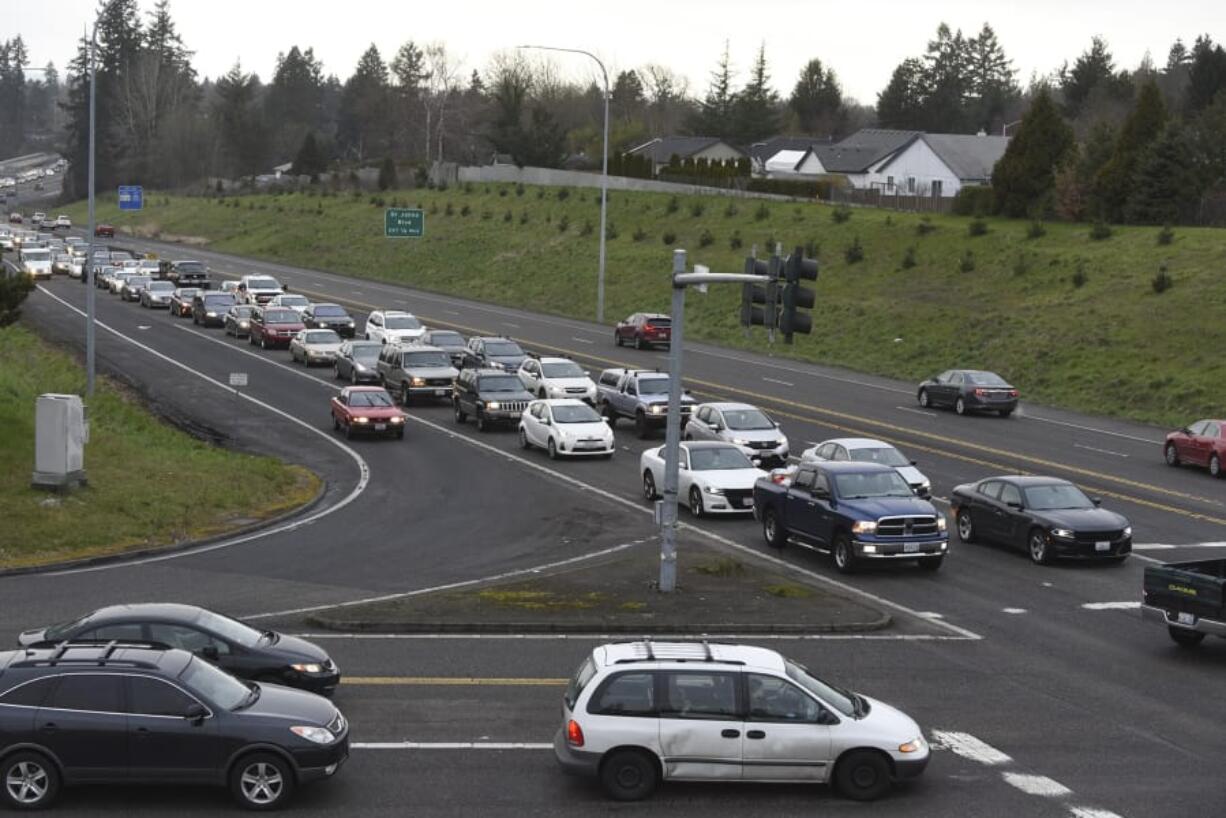 Traffic piles up on eastbound state Highway 500 at Northeast 42nd Avenue/Falk Road during the evening rush hour on Tuesday. More than an accident per week happens at the intersections of 54th Avenue/N.E. Stapleton Road and Northeast 42nd Avenue/Falk Road. Now WSDOT is searching for ways to make them safer.