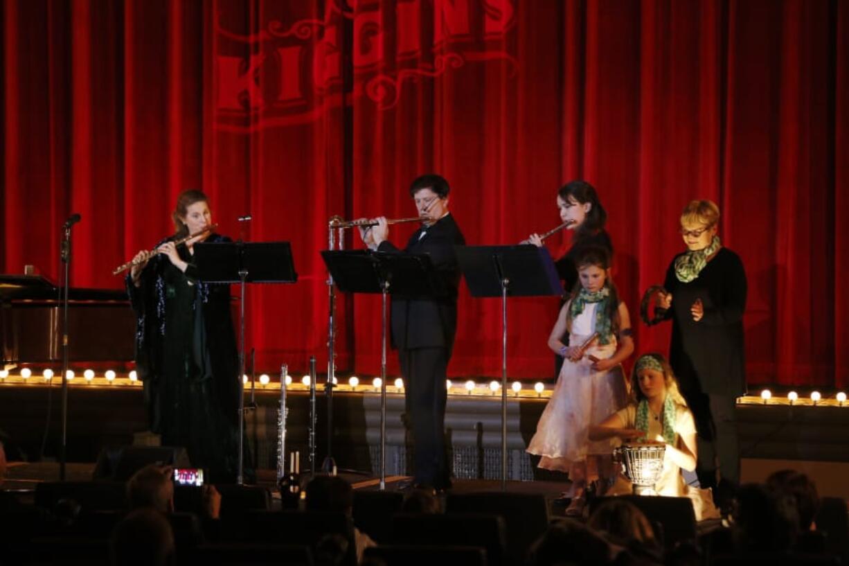 Corrie Cook, from left, Darren Cook, Molly Duggan, Lydia Cook, Sofia Cook and Judy Miller perform at the Vancouver Symphony Orchestra’s St. Patrick’s Day weekend Celtic music recital on Sunday at Kiggins Theatre.