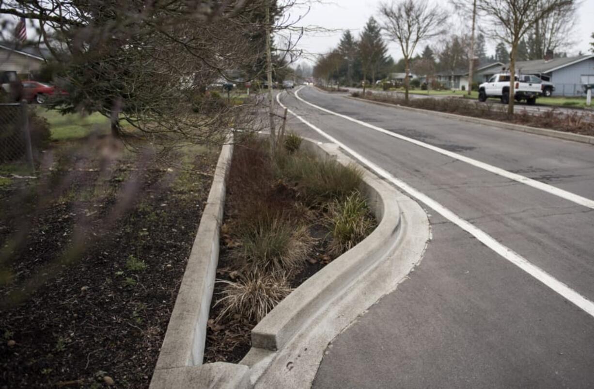 A rain garden, also known as a bioretention facility, is pictured along Northeast 98th Avenue in Vancouver’s Oakbrook Neighborhood. Rain gardens improve stormwater quality by filtering out some pollutants that would otherwise go into streams and other waterways. The Department of Ecology recently offered $220 million in funding to build clean water facilities around the state.