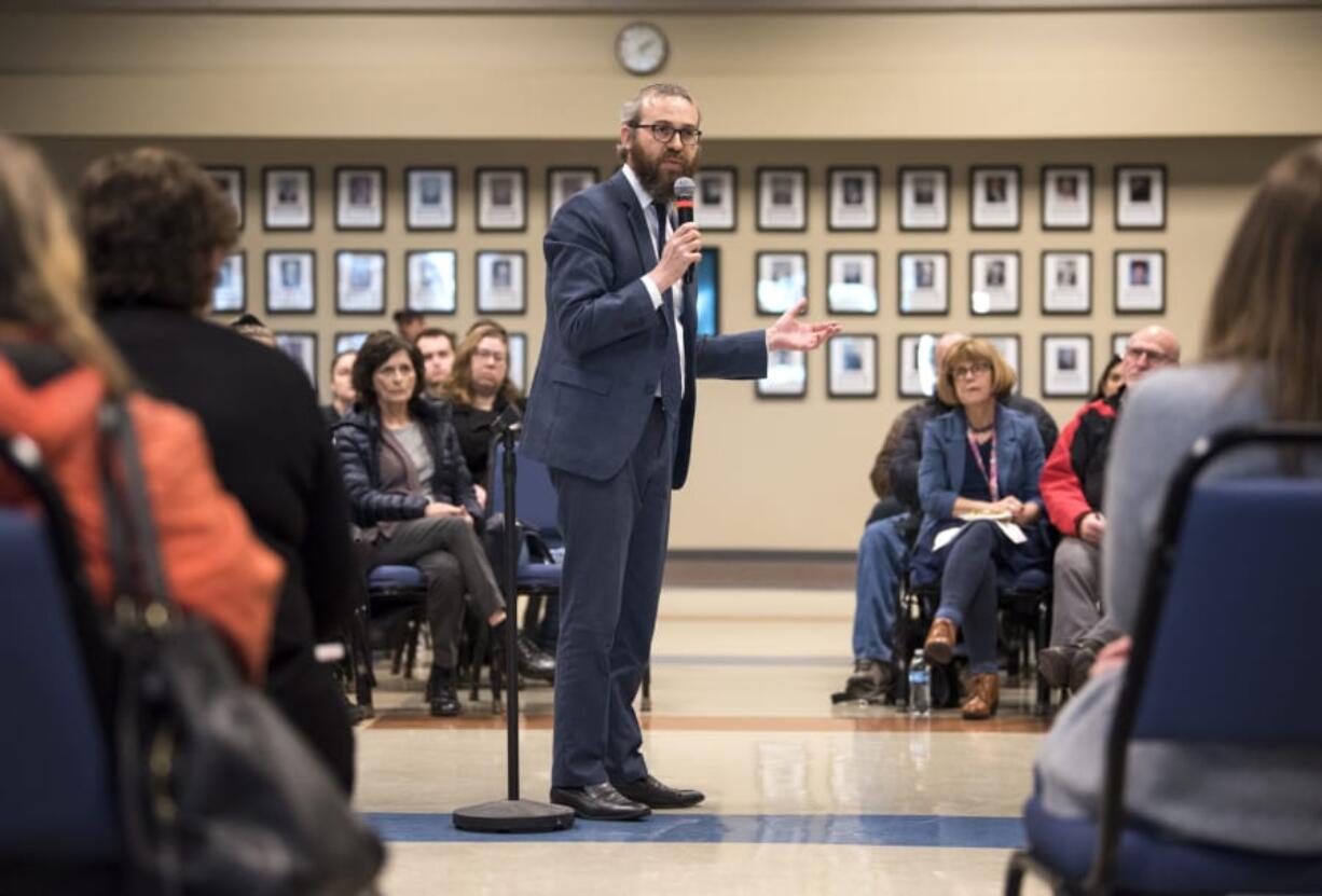 Rabbi Shmulik Greenberg of Chabad Jewish Center speaks about spreading kindness Thursday afternoon during a community forum hosted by the Clark College Office of Diversity and Equity. The forum addressed anti-Semitic posters that were recently found on campus as well as other race-based incidents. “I would like to share with you the Jewish perspective,” he said.