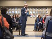 Rabbi Shmulik Greenberg of Chabad Jewish Center speaks about spreading kindness Thursday afternoon during a community forum hosted by the Clark College Office of Diversity and Equity. The forum addressed anti-Semitic posters that were recently found on campus as well as other race-based incidents. “I would like to share with you the Jewish perspective,” he said.