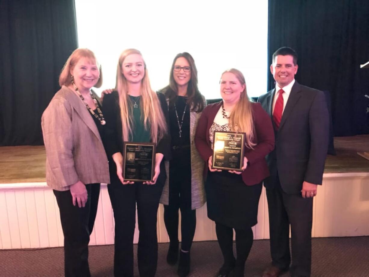 Vancouver Mayor Anne McEnerny-Ogle, from left, youth leadership winner Bridgette McCarthy, Washington Secretary of State Kim Wyman, adult leadership winner Jenny Thompson and Mike True, CEO of The Historic Trust.