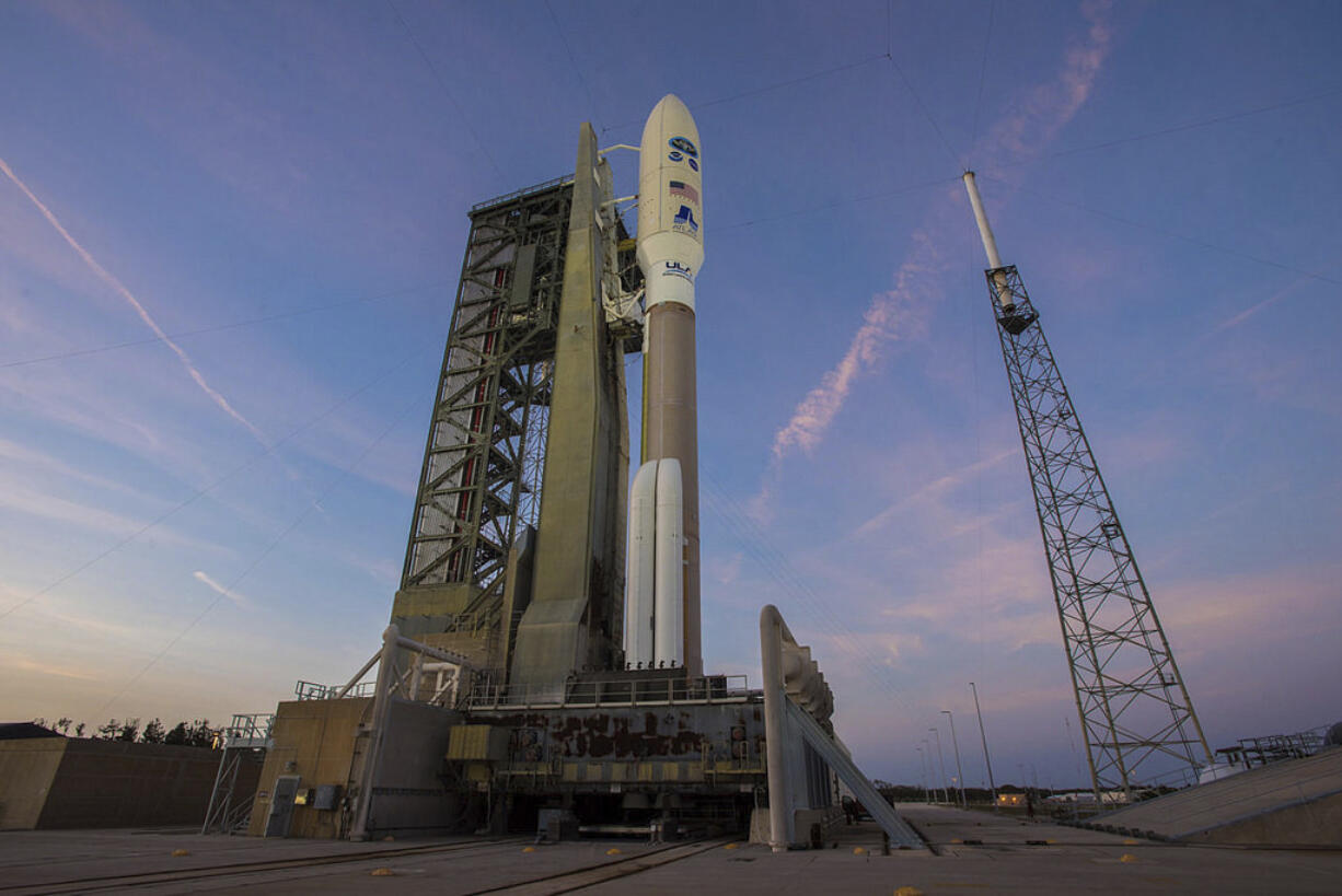 This undated photo provided by the United Launch Alliance via NASA shows a United Launch Alliance Atlas V rocket carrying NOAA's GOES-S satellite waits for liftoff on Thursday, March 1, 2018, from Space Launch Complex 41 at Cape Canaveral Air Force Station in Florida. GOES-S is the second satellite in an approximately $11 billion effort that’s already revolutionizing forecasting with astonishingly fast, crisp images of hurricanes, wildfires, floods, mudslides and other natural calamities.