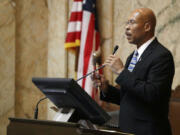 Rep. John Lovick, D-Mill Creek, presides Thursday, March 8, 2018, at the Capitol in Olympia, Wash., on the final day of the regular session of the Legislature. (AP Photo/Ted S.