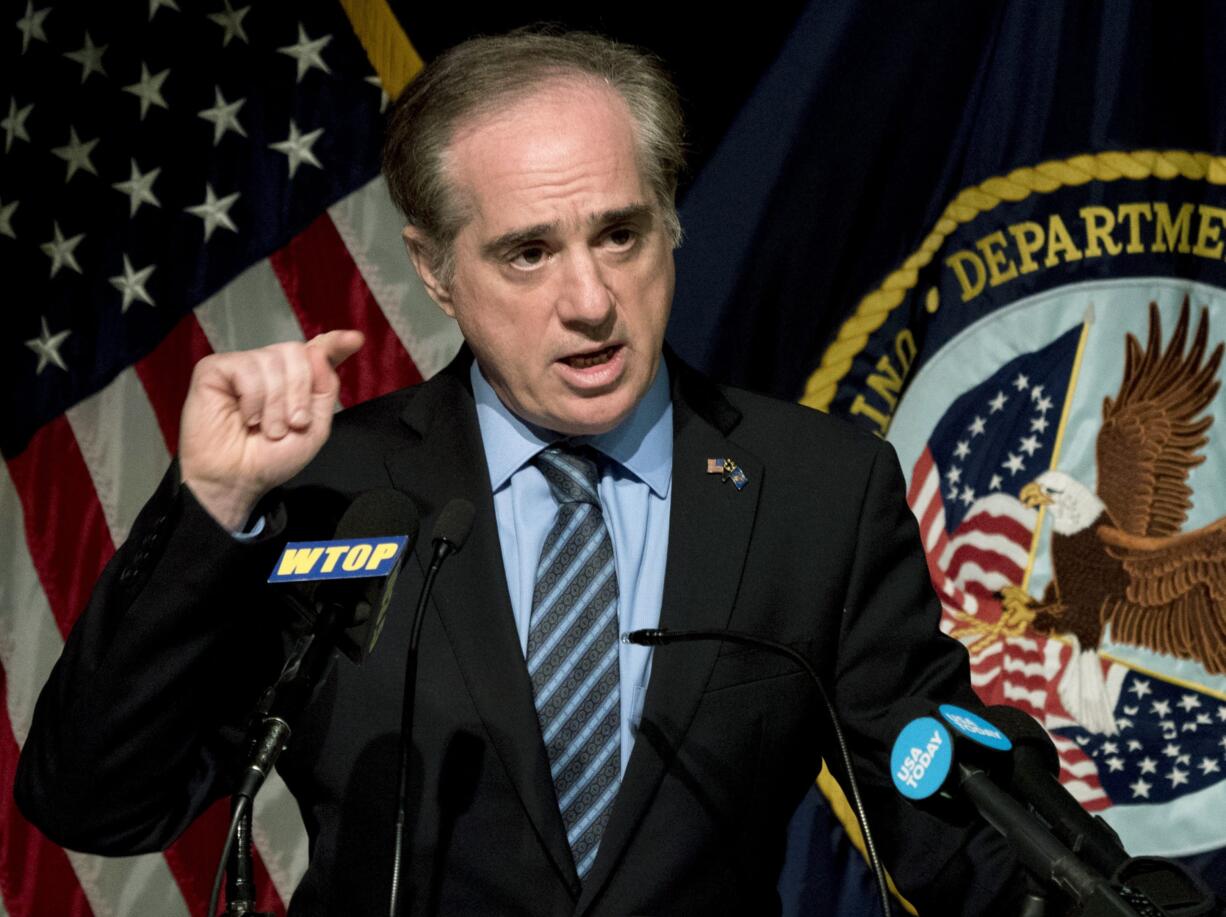 FILE - In this March 7, 2018, file photo, Veterans Affairs Secretary David Shulkin speaks at a news conference at the Washington Veterans Affairs Medical Center in Washington.