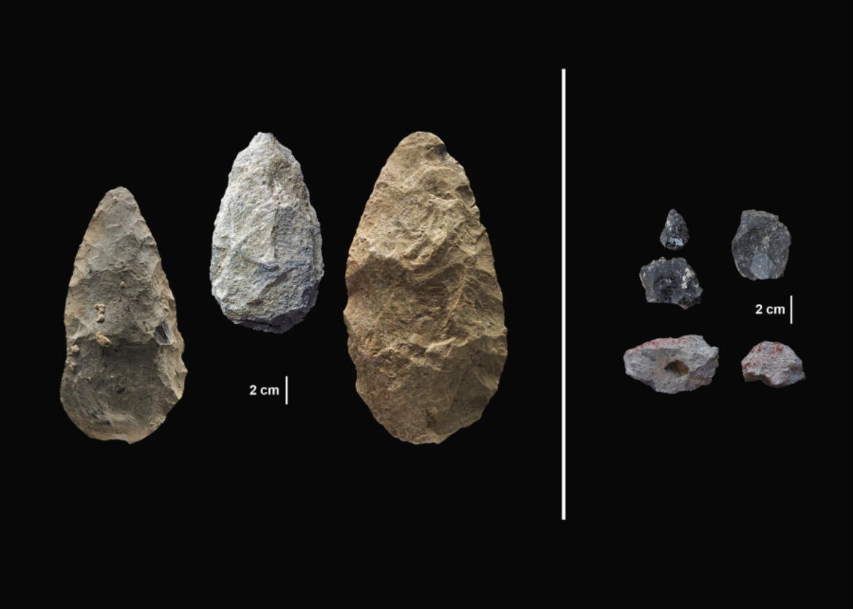 These artifacts were found in Olorgesailie Basin. For hundreds of the thousands of years, people living there made and used large stone-cutting tools called handaxes, left. At right are more sophisticated tools, found in the same area, which were carefully crafted and more specialized than the large, all-purpose handaxes.