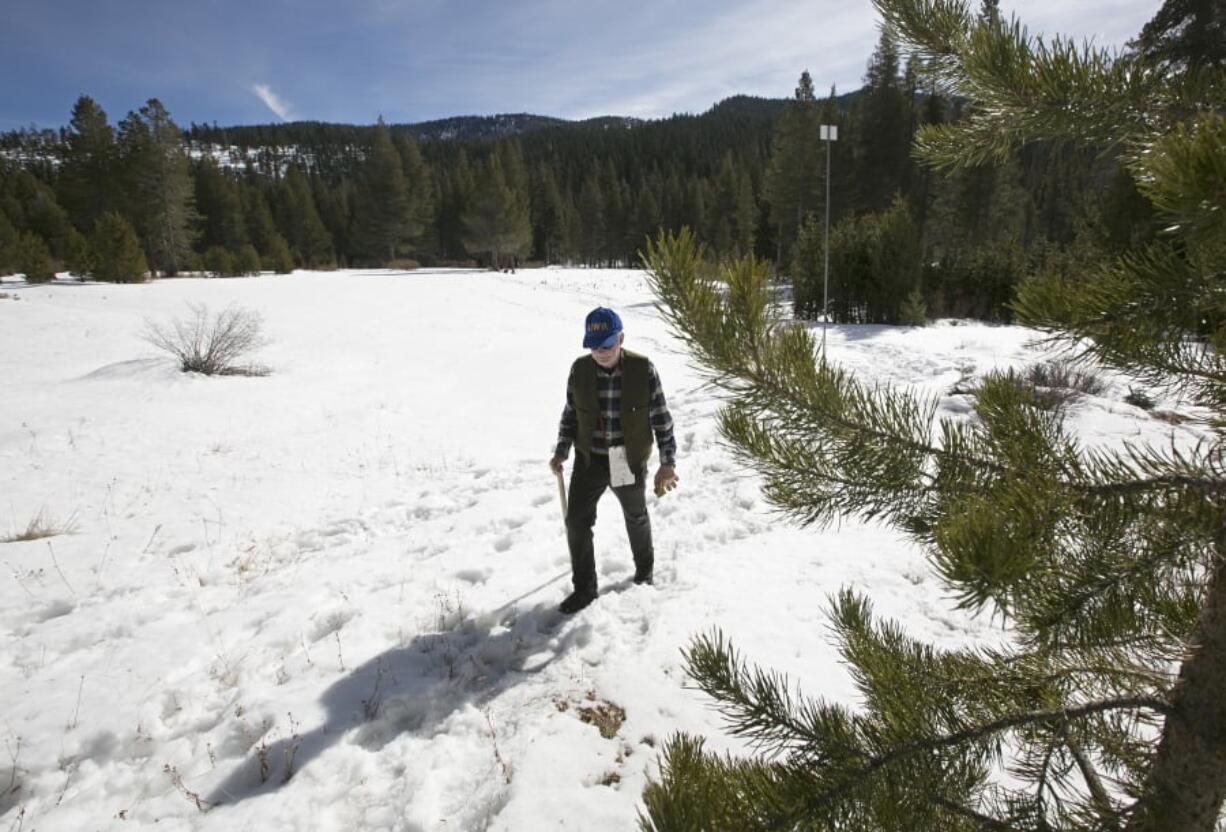 FILE - In this Feb. 1, 2018 file photo, Frank Gehrke, chief of the California Cooperative Snow Surveys Program for the Department of Water Resources, leaves a snow covered meadow after conducting the second snow survey of the season near Echo Summit, Calif. Welcome drifts of fresh snow await California’s water managers on their late-winter survey of the Sierra Nevada snowpack. California water officials were trooping into the mountains Monday, March 5, for the latest in their regular manual measurements of the year’s snowfall.