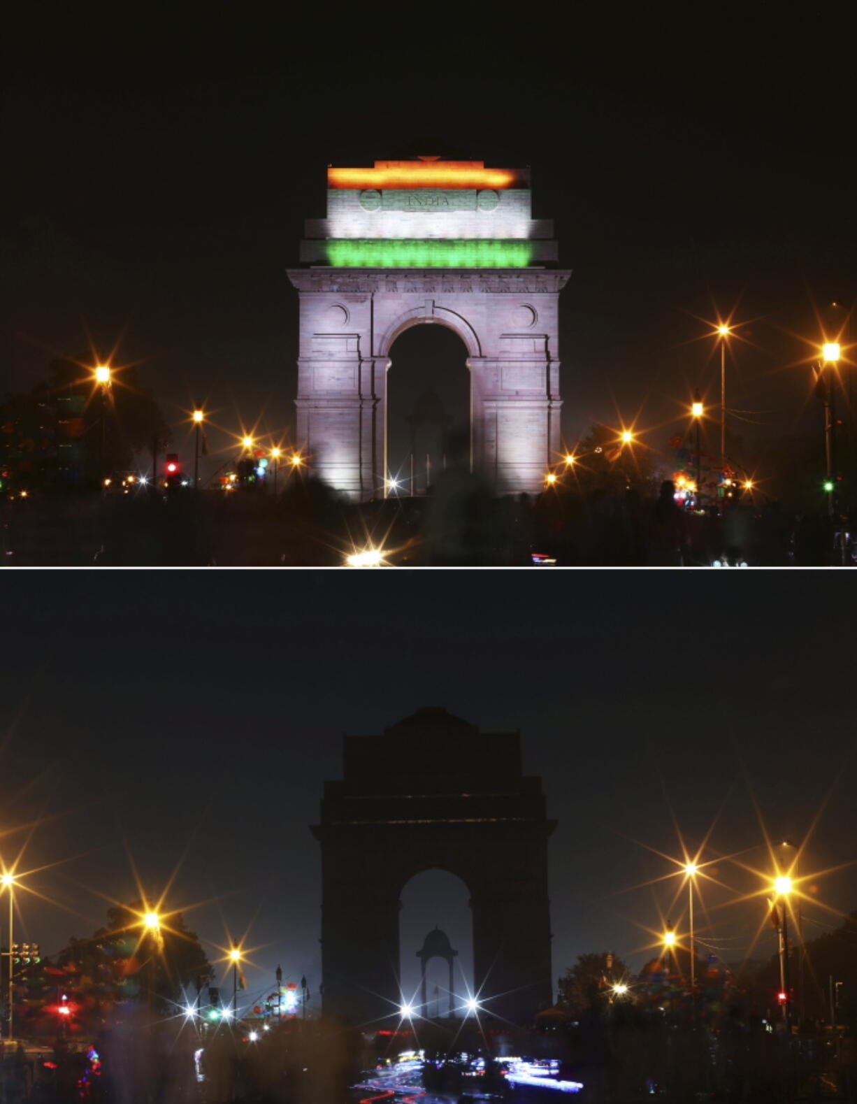 COMBINATION PHOTO - In this two photo combination picture, the landmark India Gate monument is seen lit, top, and then the same location in darkness when the lights are turned out for one hour to mark Earth Hour, in New Delhi, India, Saturday, March 24, 2018. Earth Hour was marked worldwide at 8.30 p.m. local time and is a global call to turn off lights for 60 minutes in a bid to highlight the global climate change.