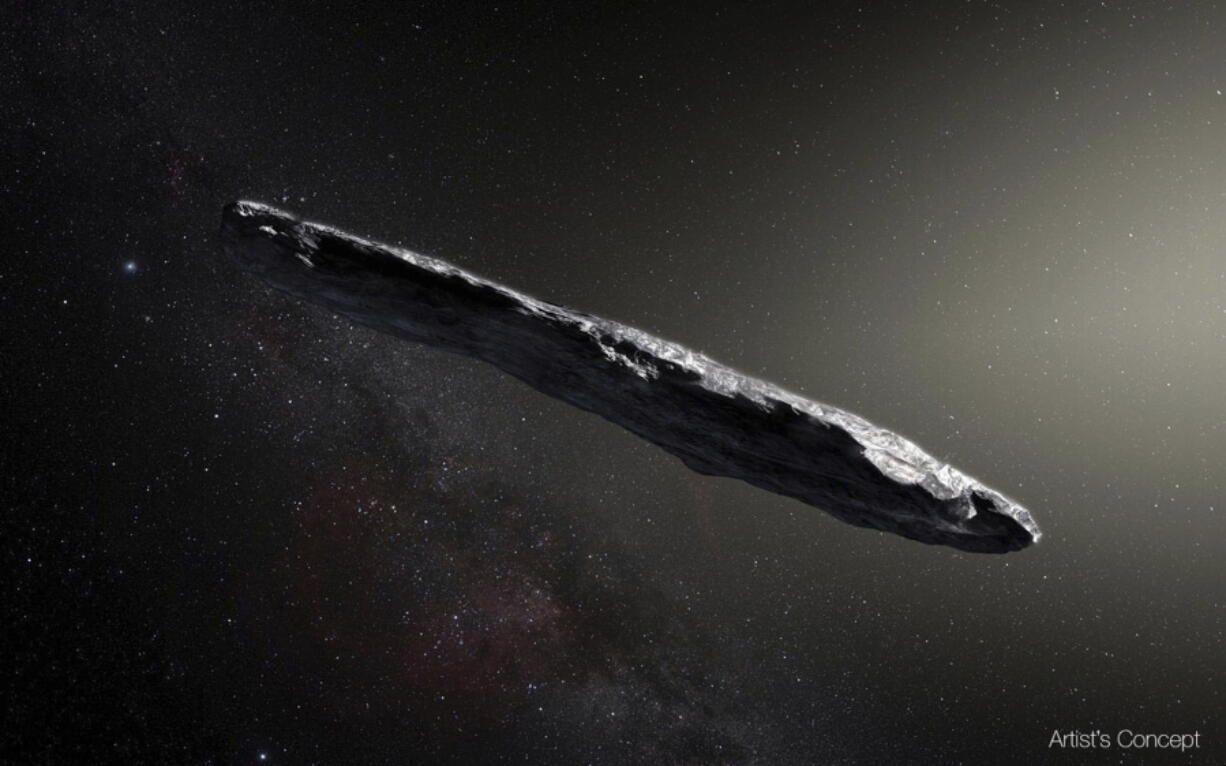 This artist’s rendering shows the first interstellar asteroid, Oumuamua. The object was discovered Oct. 19 by the Pan-STARRS 1 telescope in Hawaii. The University of Toronto’s Alan Jackson reported Monday that the asteroid — the first confirmed object in our solar system originating elsewhere — is probably from a binary star system. That’s where two stars orbit a common center. According to Jackson and his team, the asteroid was likely ejected from its system as planets formed. M.