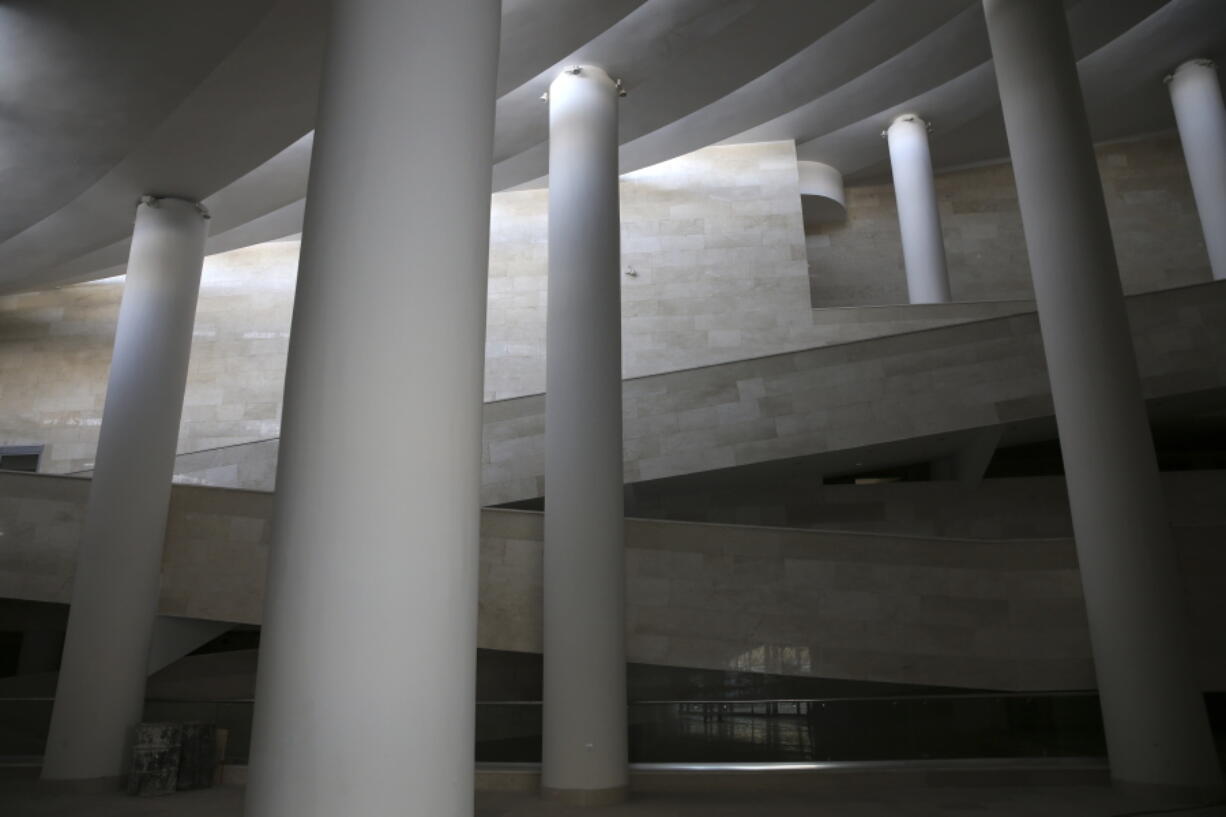 In this Wednesday, Feb. 7, 2018, photo, pillars and the spiral ceiling of the Vali-e-Asr mosque are seen, in Tehran, Iran.