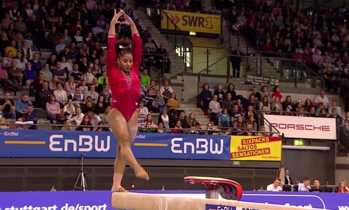 Vancouver's Jordan Chiles competes on the balance beam at the Stuttgart World Cup gymnastics meet on Sunday, March 18, 2018 in Germany. Chiles finished third in the all-around.