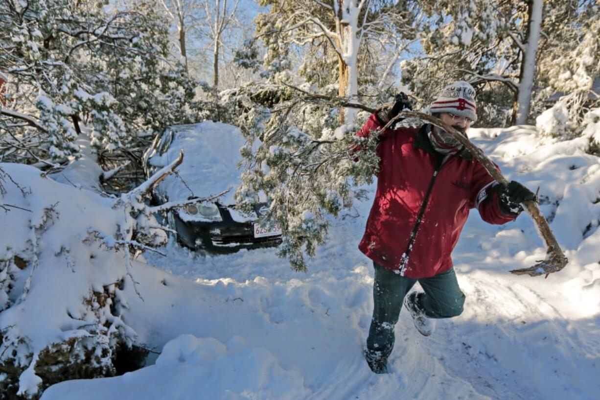 Peter Pelletier removes branches from the tree that fell onto his car Wednesday at his home in Fairhaven, Mass.