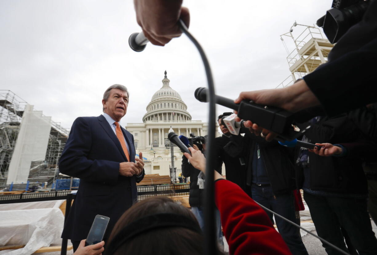 FILE - In this Thursday, Dec. 8, 2016 file photo, Sen. Roy Blunt, R-Mo., head of the Joint Congressional Committee on Inaugural Activities (JCCIC) speaks to reporters on Capitol Hill in Washington, as preparations continue for the inauguration and swearing-in ceremonies for President-elect Donald Trump. A $4.6 billion federal spending plan signed Friday, March 23, 2018, by Trump to fight the nation’s deepening opioid crisis “provides the funding necessary to tackle this crisis from every angle,” said the Missouri Republican who is chairman of a subcommittee overseeing much of the funding.