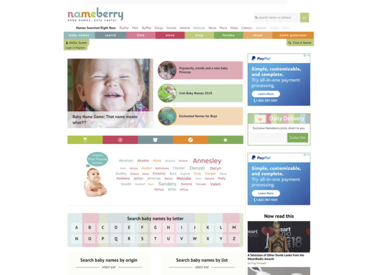 This screen grab released by Nameberry shows their homepage. The site hosts naming-centric forums, and Satran blogs regularly about issues related to naming babies.