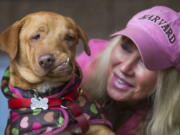 Picasso the dog, who was rescued from a California kill shelter by the Eugene-based Loveable Dog Rescue, is seen Thursday with Liesl Wilhardt, Luvable Dog Rescue founder and executive director in Eugene, Ore.