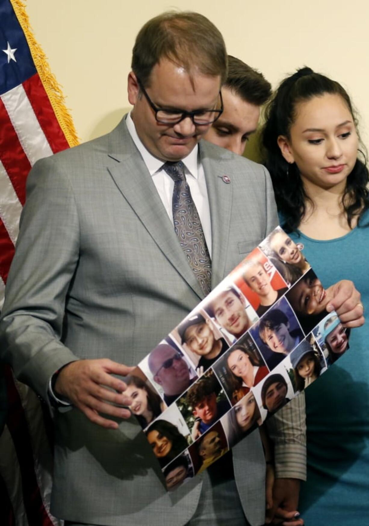 Ryan Petty looks away during a press conference to discuss H.C.R. 22, which designates April as a month of kindness for the state of Utah and honors the lives of the victims of the Marjory Stoneman Douglas High School shooting Thursday, March 8, 2018, at the Utah State Capitol, in Salt Lake City. Petty’s 14-year-old daughter Alaina died in the Feb. 14 shooting that claimed 17 lives.