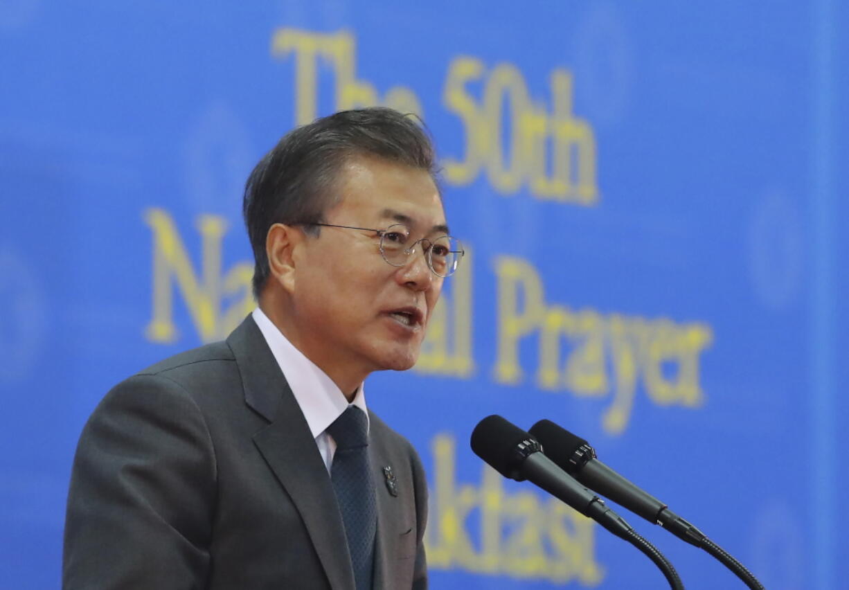 South Korean President Moon Jae-in speaks during the Korea National Prayer Breakfast in Goyang, South Korea, on Thursday. Moon said that many “critical moments” still lie ahead to end the nuclear crisis despite North Korea’s recent outreach to Seoul and Washington.