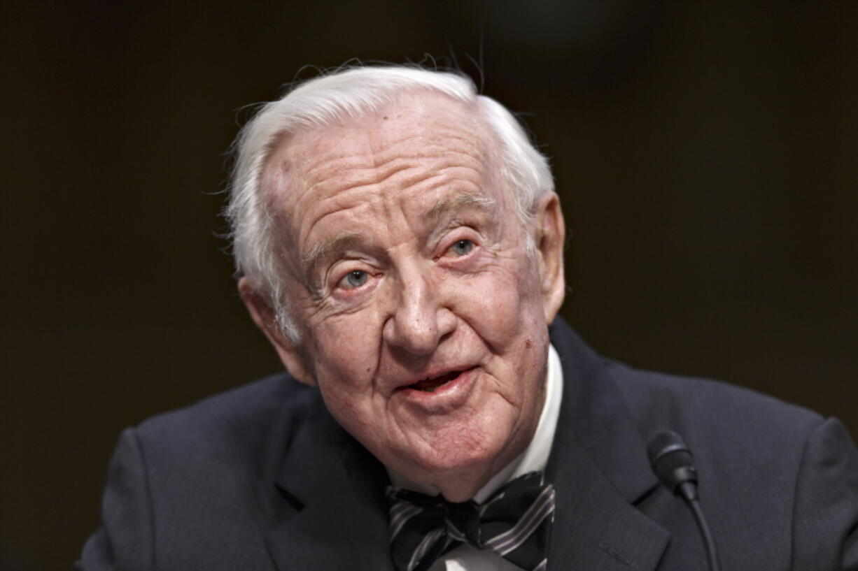 Retired Supreme Court Justice John Paul Stevens testifies on the ever-increasing amount of money spent on elections as he appears before the Senate Rules Committee on Capitol Hill in Washington. Stevens is calling for the repeal of the Second Amendment to allow for significant gun control legislation.