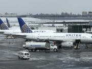 A United Airlines jets sit on the tarmac in 2017 at LaGuardia Airport in New York. A dog died on a United plane after a flight attendant ordered its owner to put the animal in the plane’s overhead bin on a Monday night flight from Houston to New York.