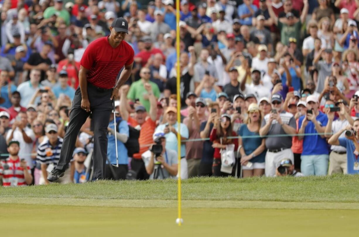 Tiger Woods reacts as his chip comes up just short on the 15th hole during the final round of the Valspar Championship golf tournament Sunday, March 11, 2018, in Palm Harbor, Fla.