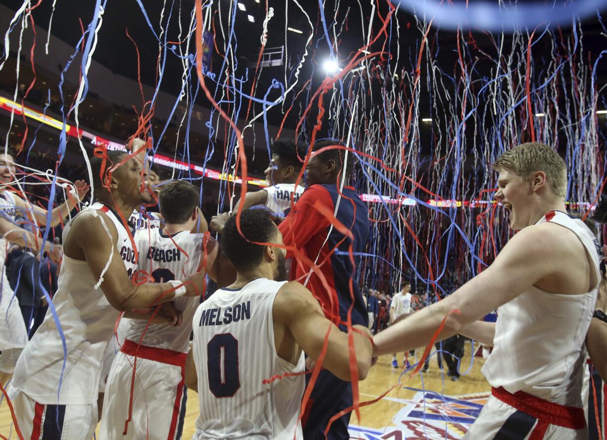 Gonzaga celebrates after winning the West Coast Conference tournament championship NCAA college basketball game against BYU Tuesday, March 6, 2018, in Las Vegas. Gonzaga defeated BYU 74-54.