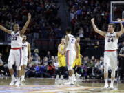 Gonzaga’s Zach Norvell Jr. (23) and Corey Kispert (24) react after scoring during the first half of a West Coast Conference tournament NCAA college basketball game against San Francisco Monday, March 5, 2018, in Las Vegas.