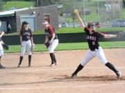 Camas pitcher Mary Pipkin warms up in the bottom of the fourth inning. Pipkin finished with four hits, two earned runs and two strikes in the Papermakers' 16-6 win over Heritage on Monday, April 9 2018 at Camas High School.