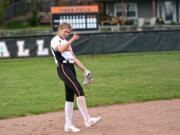 Battle Ground short stop Morgan Stradley points at her coach Arielle Wiser after making an outstretched catch during the Tigers' 8-3 win over Skyview on Friday, April 20, 2018 (Andy Buhler/Columbian staff).