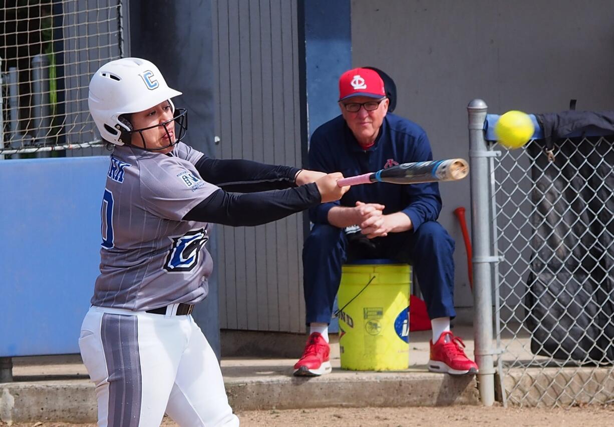 Clark College's Shaz Nakoa-Chung makes contact during her at-bat against Lower Columbia College.