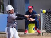 Clark College's Shaz Nakoa-Chung makes contact during her at-bat against Lower Columbia College.