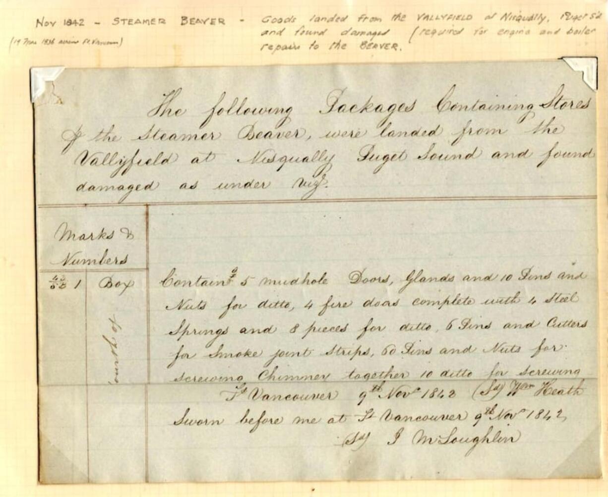 A letter from Dr. John McLoughlin written in 1842 at Fort Vancouver describes receiving a shipment of damaged materials needed to repair the Beaver.